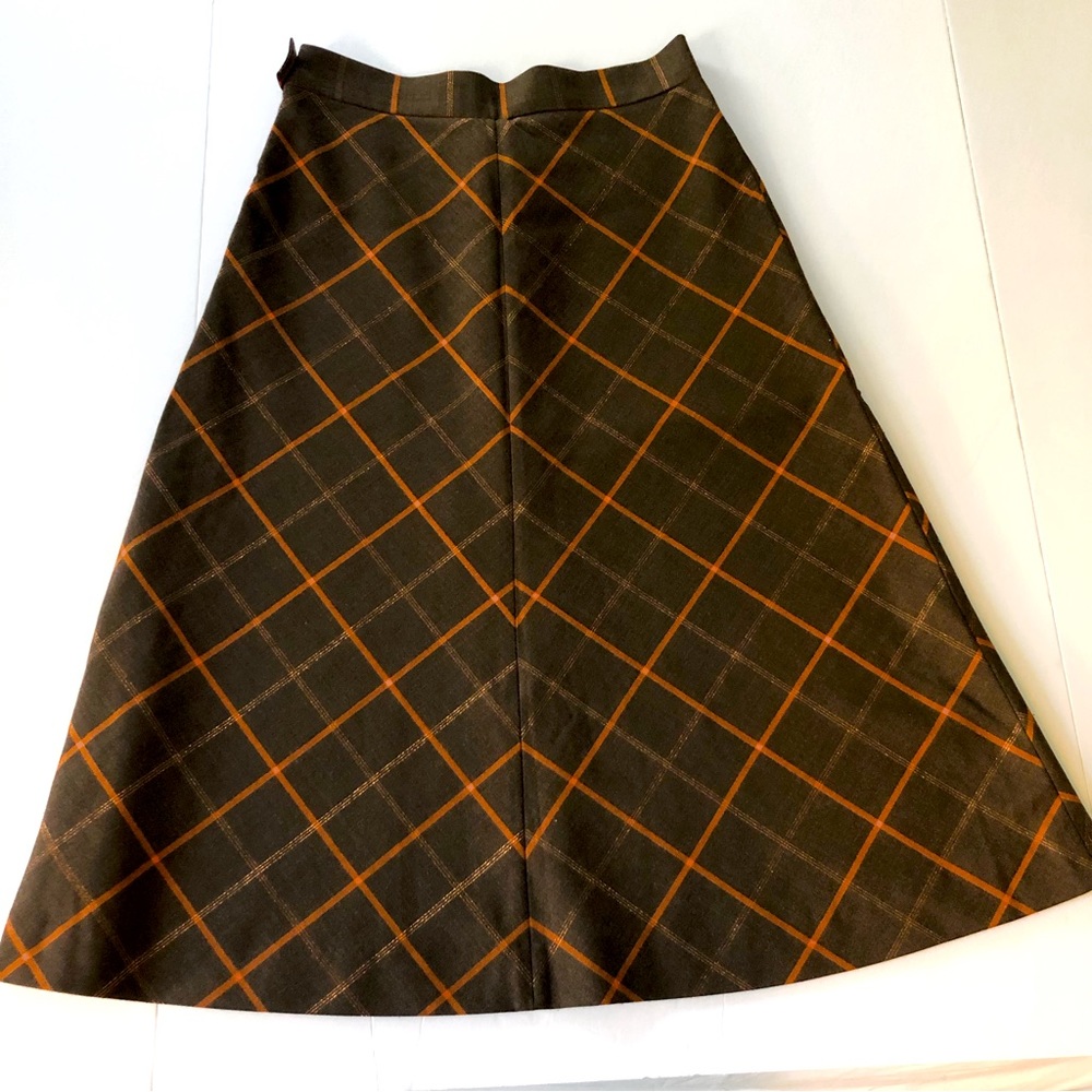 Long plaid wool blend riding skirt brown orange metallic copper academia size S